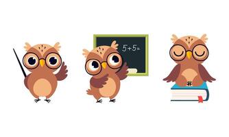 Cute Owl in Glasses with Pointer and Near Blackboard Set vector