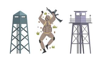 Tall Military Observation Tower as Structure Used in Army and Soldier Bellying on the Ground Illustration Set vector