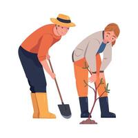 Man and Woman Character Planting Tree Sapling in Soil Taking Care of Planet and Nature Illustration vector