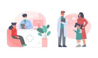 Man Doctor Pediatrician in Lab Coat Examining Little Girl in Hospital Set vector