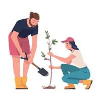 Man and Woman Character Planting Tree Sapling in Soil Taking Care of Planet and Nature Illustration vector