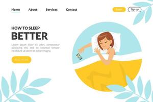 Landing Page with Woman Character Sleeping on Bed Covered with Blanket Template vector