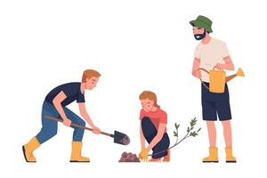 Man and Woman Character Planting Tree Sapling in Soil Taking Care of Planet and Nature Illustration vector