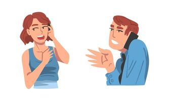 Man and Woman Character Speaking by Phone Having Dialogue via Mobile Gadget Set vector