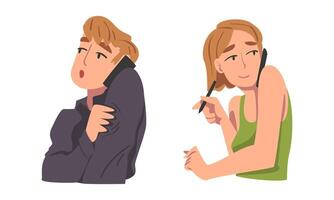 Man and Woman Character Speaking by Phone Having Dialogue via Mobile Gadget Set vector