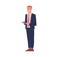 Man Entrepreneur and Office Employee Standing in Suit with Clipboard and Smiling Illustration vector