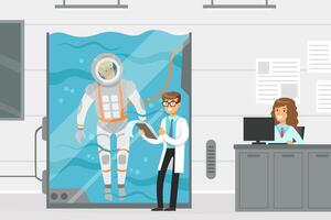 Man Astronaut Preparing for Space Flight Plunging Into Water Basin in Spacesuit Illustration vector