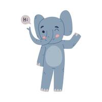 Funny Blue Elephant with Large Ear Flaps and Trunk Greeting Saying Hi Illustration vector