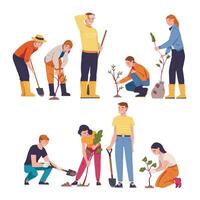 People Character Planting Tree Sapling in Soil Taking Care of Planet and Nature Illustration Set vector