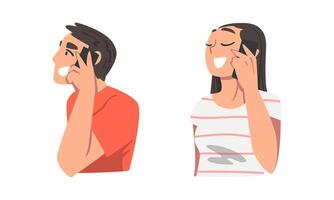 Man and Woman Character Speaking by Phone Having Dialogue via Mobile Gadget Set vector