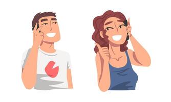 Man and Woman Character Speaking by Phone Having Dialogue via Mobile Gadget Set vector