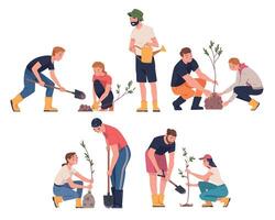 People Character Planting Tree Sapling in Soil Taking Care of Planet and Nature Illustration Set vector