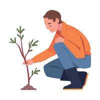 Man Character Planting Tree Sapling in Soil Taking Care of Planet and Nature Illustration vector