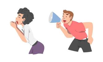 Man and Woman Character with Hand Near Mouth and Megaphone Shouting or Screaming Loud Set vector