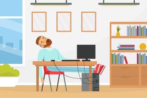 Bearded Man Character Sleeping at Computer Desk with His Head Thrown Back Illustration vector