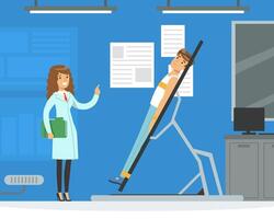 Man Astronaut Preparing for Space Flight on Simulator in Laboratory with Scientist Illustration vector