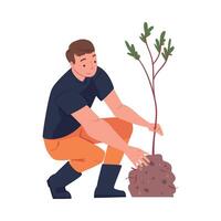 Man Character Planting Tree Sapling in Soil Taking Care of Planet and Nature Illustration vector