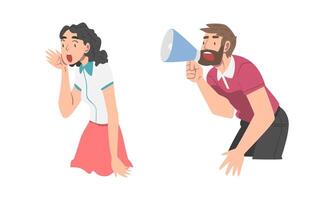 Man and Woman Character with Hand Near Mouth and Megaphone Shouting or Screaming Loud Set vector