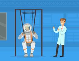 Man Astronaut Preparing for Space Flight on Swings Simulator in Laboratory with Scientist Illustration vector