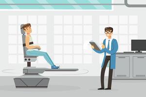 Man Astronaut Preparing for Space Flight Sitting in Chair Engaged in Testing Illustration vector
