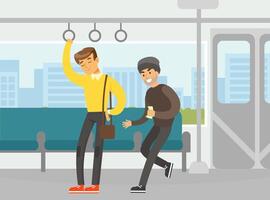 Man Character Standing in Public Transport Nodding and Taking Nap with Thief Stealing Money from His Bag Illustration vector