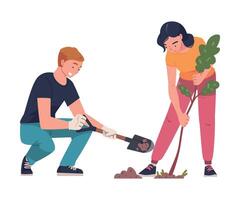 Man and Woman Character Planting Tree Sapling in Soil Taking Care of Planet and Nature Illustration vector
