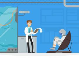 Man Astronaut Preparing for Space Flight on Simulator in Laboratory with Scientist Illustration vector