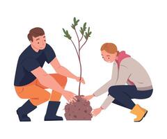 Man and Woman Character Planting Tree Sapling in Soil Taking Care of Planet and Nature Illustration vector