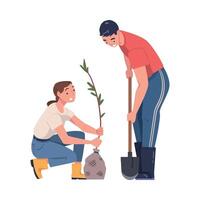 Man and Woman Character Planting Tree Sapling in Soil Taking Care of Planet and Nature Illustration vector
