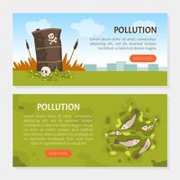 Environmental pollution landing page templates set. Ppollution of nature with toxic, nuclear wastes web page cartoon vector