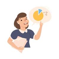 Young Woman Office Employee with Paper Documents Talking About Pie Chart Graph Illustration vector