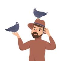 Espionage with Man Private Detective in Hat with Earphone and Pigeon Sitting on His Head Listening to Conversation Illustration vector