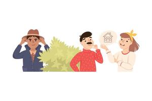 Espionage with Man Private Detective Hiding Behind Bush Listening to Conversation Illustration vector