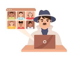 Espionage with Man Private Detective in Hat and Coat at Laptop Listening to Calls Illustration vector