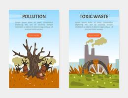 Environmental pollution website or slider app. Gas emissions from factories emitting co2, pollution of nature with toxic, nuclear wastes cartoon vector
