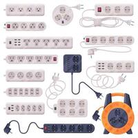 Extension Sockets with Plug and Power Cord as Electric Current Equipment with Different Port Connector Set vector