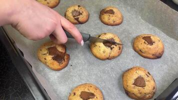 dark chocolate chip cookie dough making process Making and Mixing Chocolate Chip Cookies dough in a transparent glass bowl in 4K. Concept of Preparing Chocolate Chip cookies step by step. video