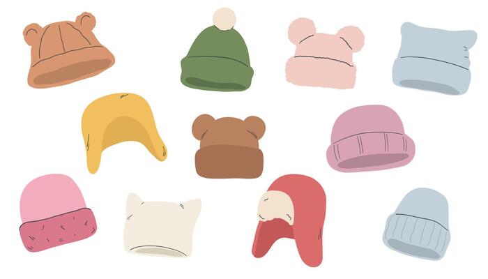 Set of winter hats isolated on white background. illustration in hand drawn style.