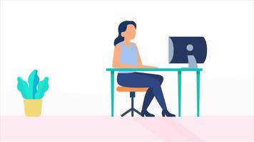 Women sitting on a desk working on computer 2d animation simple video