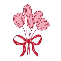 Pink tulips arranged in a bouquet with a red ribbon, perfect for gifting on special occasions vector