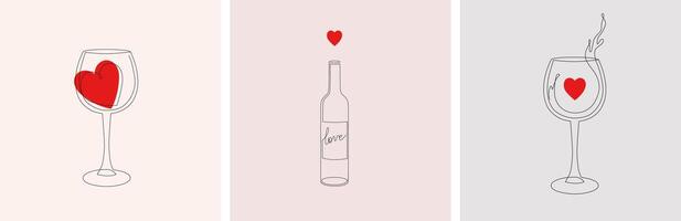 Set of trendy wine single line illustrations in minimalist style. Wine bottle and glass contour drawing with red heart symbol vector