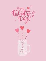 Greeting card for Valentine's Day holiday with handwritten lettering. Decorative jar with hearts on sticks in it on pink background vector