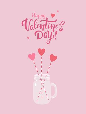 Greeting card for Valentine's Day holiday with handwritten lettering. Decorative jar with hearts on sticks in it on pink background