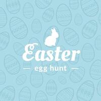 Easter Egg hunt logo design concept with little bunny silhouette. Eggs pattern blue background vector