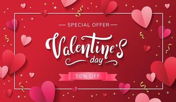 Valentine's Day horizontal banner with hand drawn lettering and paper heart of red and pink colors and confetti on red background vector