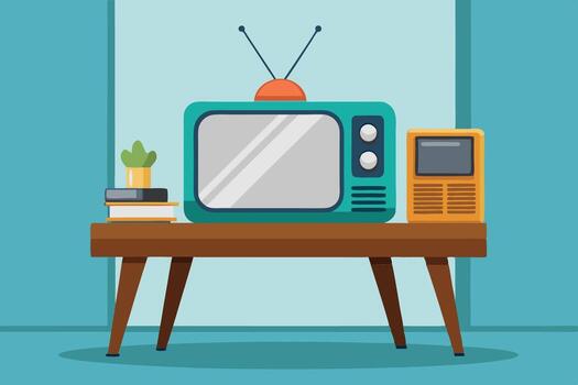 Retro tv and computer on table flat design illustration vector