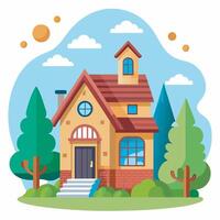 House with trees and clouds on a blue sky background vector