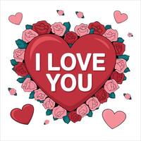 I love you text in a heart shape with roses illustration vector