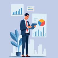 illustration features a businessman in a suit analyzing data on a tablet. Behind him are charts and graphs representing business analytics and growth statistics vector