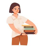 Woman with a stack of books. Flat illustration of a student with a book in leisure. vector